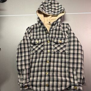 Zaful women small Sherpa Lined Plaid Hooded Flannel Jacket black white Button Up